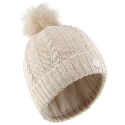 WEDZE Women's Cable-Knit Wool Hat With Pompom - Cream