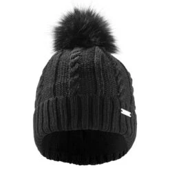 WEDZE Women's Ski Cable-Knit Faux-Fur Wool Hat - Black -WEDZE SHOP women s ski cable knit faux fur wool hat black 13