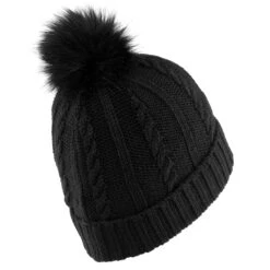 WEDZE Women's Ski Cable-Knit Faux-Fur Wool Hat - Black -WEDZE SHOP women s ski cable knit faux fur wool hat black 3