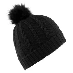 WEDZE Women's Ski Cable-Knit Faux-Fur Wool Hat - Black -WEDZE SHOP women s ski cable knit faux fur wool hat black 5